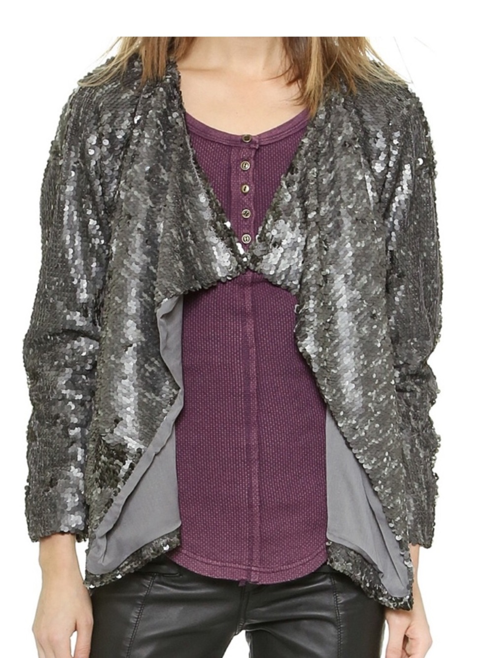 Free People Gunmetal Sequin Draped Open-Front Jacket